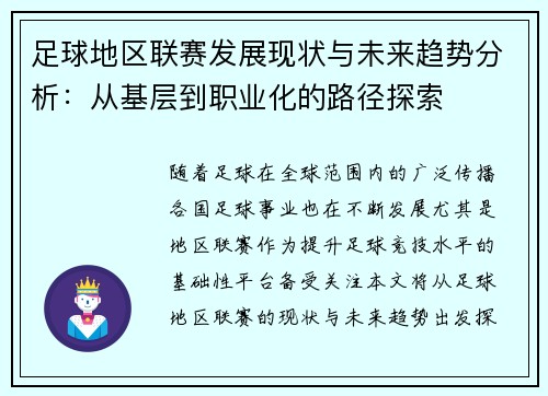 足球地区联赛发展现状与未来趋势分析：从基层到职业化的路径探索