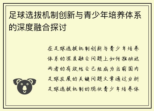 足球选拔机制创新与青少年培养体系的深度融合探讨